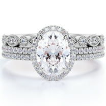 JeenMata Antique Design 2 Carat Oval Cut Moissanite Halo Trio Bridal Ring Set in 18k White Gold Over Silver