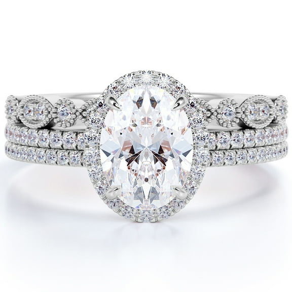 JeenMata Antique Design 2 Carat Oval Cut Moissanite Halo Trio Wedding Set with 2 Art Deco Bands in 18k White Gold Over Silver