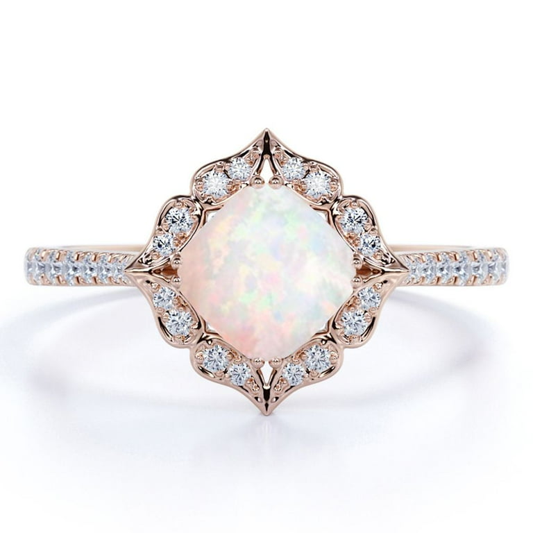 JeenMata Antique Halo ct Cushion Blue Opal and Moissanite