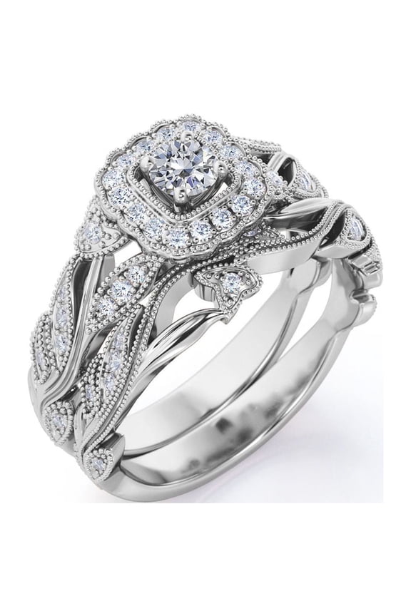 Antique - Round Lab Grown Diamond - Edwardian Diamond Filigree Ring - Art Deco Style - Wedding Ring Set in 10K White Gold