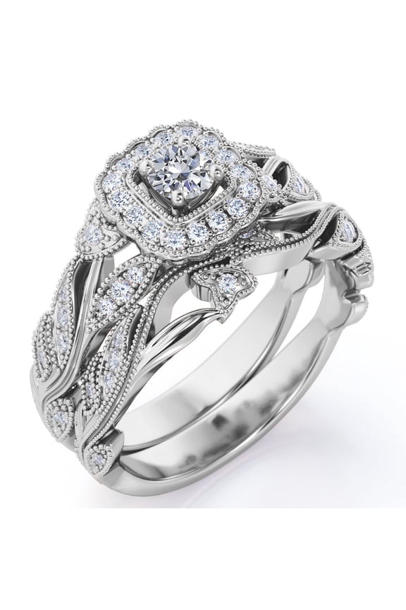 Antique - Round Diamond - Edwardian Diamond Filigree Ring - Art Deco Style - Wedding Ring Set in 10K White Gold