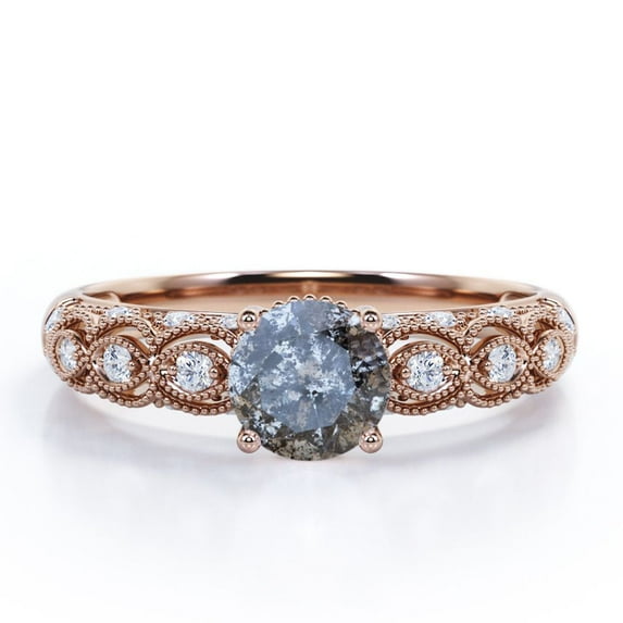 JeenMata Art Carved 1.10 Carat Round Cut Natural Salt and Pepper Diamond Thick Domed - Victorian Inspired Engagement ring in 18k Rose Gold over Silver