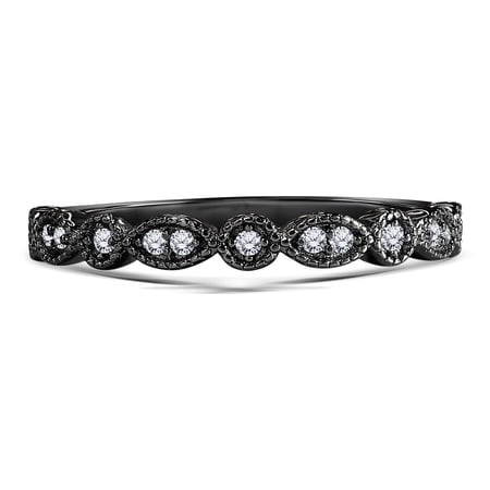 JeenMata Art-Deco 0.25 Carat Round Brilliant Cut April Birthstone Filigree Milgrain Wedding Band in 18K Black Gold Plating for Women