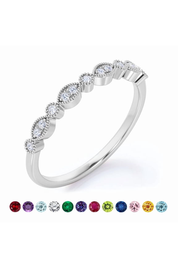Art-Deco 0.25 Carat Round Brilliant Cut April Birthstone Filigree Milgrain Wedding Band in 18K White Gold Plating for Women