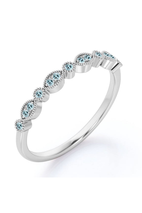 Art-Deco 0.25 Carat Round Brilliant Cut March Birthstone Filigree Milgrain Wedding Band in 18K White Gold Plating for Women