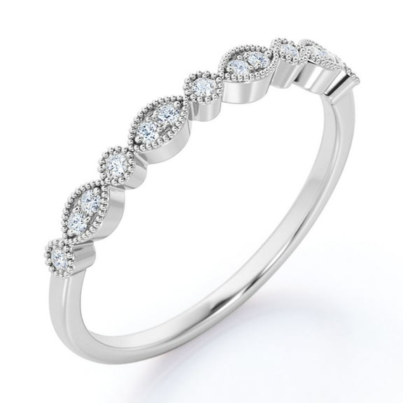 JeenMata Art Deco - 0.25 Carat Round Brilliant Cut Moissanite - Milgrain Filigree Wedding Band - 18K White Gold Plating over Silver
