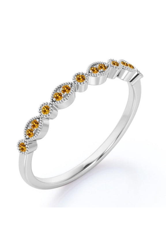 Art-Deco 0.25 Carat Round Brilliant Cut November Birthstone Filigree Milgrain Wedding Band in 18K White Gold Plating for Women
