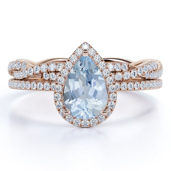 JeenMata Art Deco 1.25 carat Pear Shaped Created Aquamarine Infinity Wedding Set in 18k Rose Gold over Silver