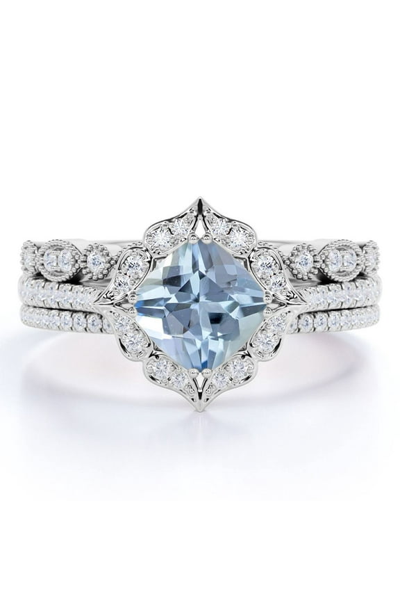 Art Deco 1.5 Carat Cushion Cut Created Aquamarine and Moissanite Trio Wedding Ring Set in 18k White Gold over Silver