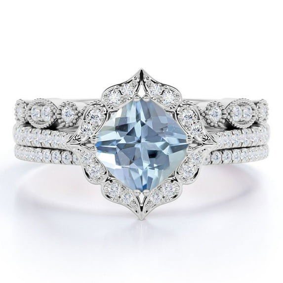 JeenMata Art Deco 1.5 Carat Cushion Cut Created Aquamarine and Moissanite Trio Wedding Ring Set in 18k White Gold over Silver