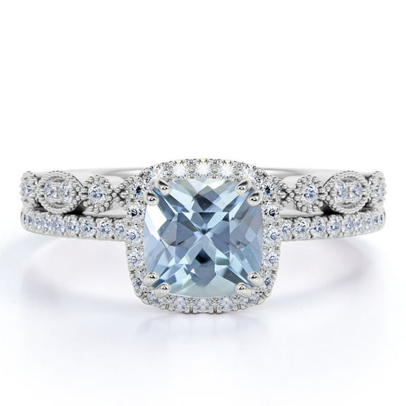 JeenMata Art Deco 1.5 Carat Cushion Cut Created Aquamarine and Moissanite Wedding Ring Set in 18k White Gold over Silver