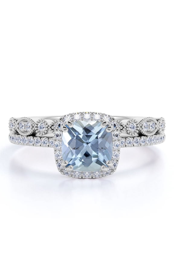 Art Deco 1.5 Carat Cushion Cut Created Aquamarine and Moissanite Wedding Ring Set in 18k White Gold over Silver