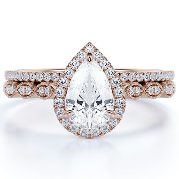 JeenMata Art Deco 1.5 Carat Pear Cut Moissanite Wedding Ring Set in 18k Rose Gold Over Silver Classic Ring