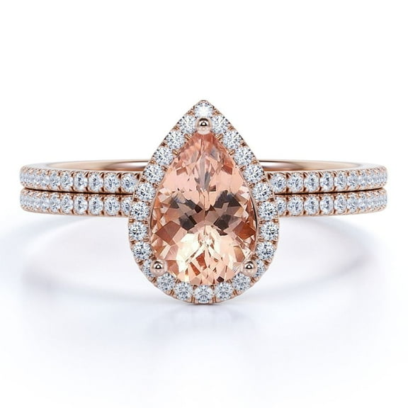 JeenMata Art Deco 1.5 Carat Pear cut created morganite and Moissanite Bridal Wedding Ring Set with Engagement Ring and Wedding Band in 18k Gold Over Silver
