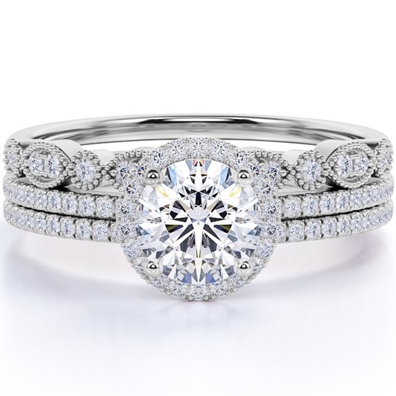 JeenMata Art Deco 1.5 Carat Real Moissanite Wedding Trio Ring Set with Engagement Ring and 2 Wedding Bands in 18k Gold Over Silver