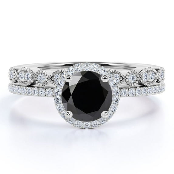 JeenMata Art Deco - 1.5 Carat Round Brilliant Cut - Pave Halo Setting Bridal Ring Set - 18K White Gold Plating over Silver