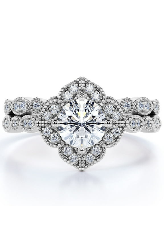 Art Deco 1.5 Carat Round Cut Moissanite Bridal Ring Set with Infinity Band in 18k White Gold Over Silver