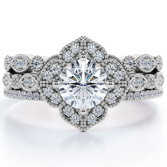 JeenMata Art Deco 1.5 Carat Round Cut Moissanite Trio Bridal Ring Set in 18k White Gold Over Silver
