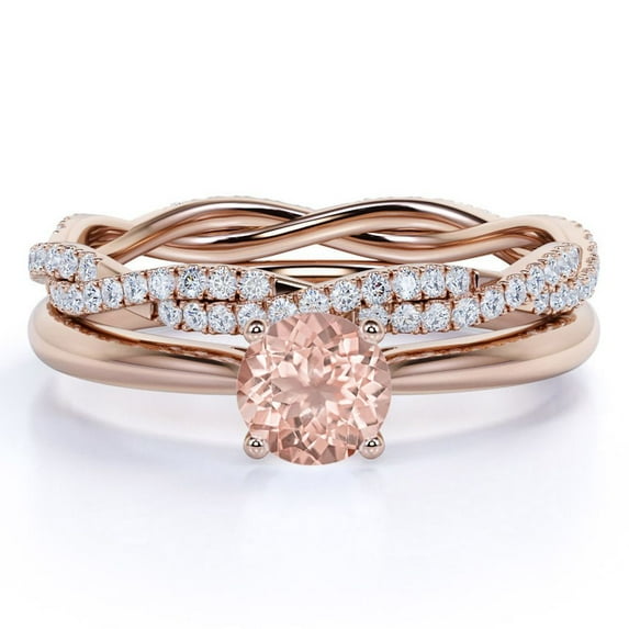 JeenMata Art Deco 1.5 Carat Round cut created morganite and Moissanite Bridal Wedding Ring Set with Engagement Ring and Wedding Band in 18k Gold Over Silver