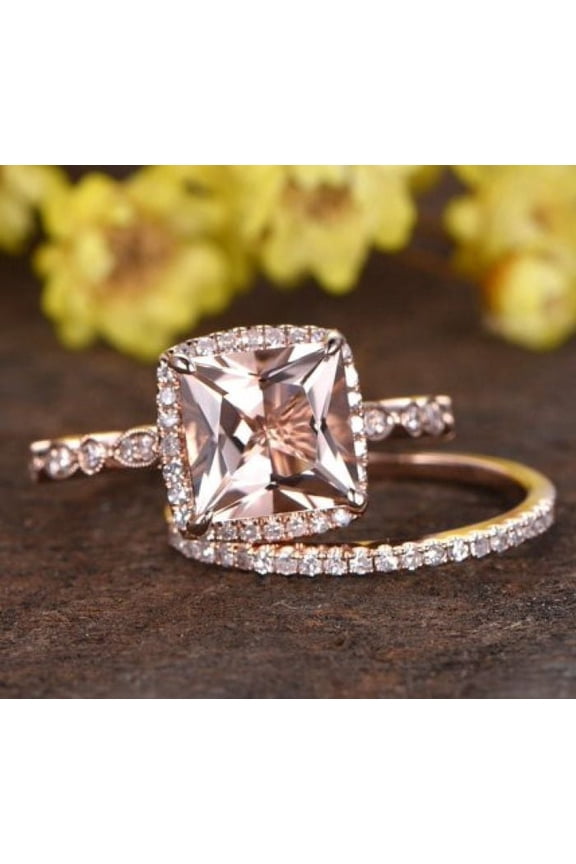 Art Deco 1.50 carat Princess Cut created morganite and Moissanite Halo Engagement Bridal Set in Rose Gold