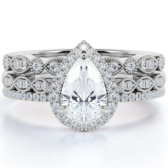 JeenMata Art Deco 1.75 Carat Pear Cut Moissanite Wedding Trio Ring Set with Engagement Ring and 2 Wedding Bands in 18k Gold Over Silver