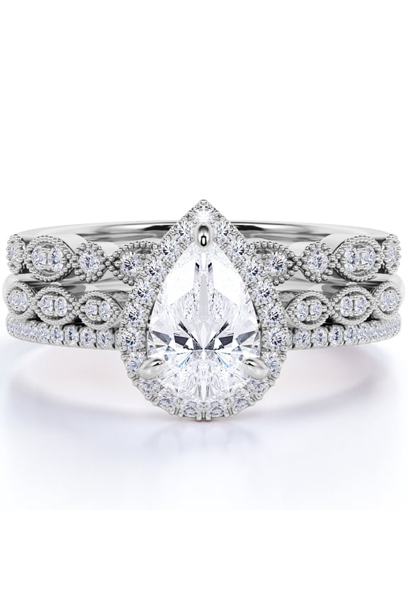 Art Deco 1.75 Carat Pear Cut Moissanite Wedding Trio Ring Set with Engagement Ring and 2 Wedding Bands in 18k Gold Over Silver