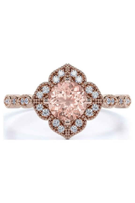 Art Deco 1.75 Carat Round Brilliant Cut created morganite Engagement Ring in 18k Rose Gold over Silver