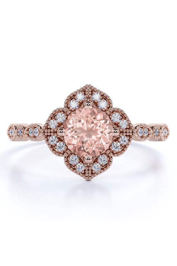 Art Deco 1.75 Carat Round Brilliant Cut created morganite Engagement Ring in 18k Rose Gold over Silver