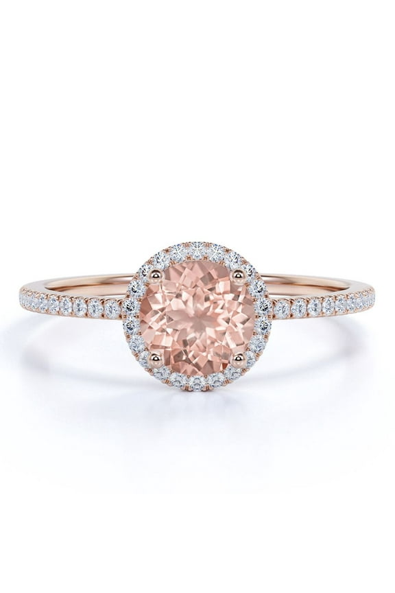 Art Deco 1.75 Carat Round Cut Created Morganite and Moissanite Engagement Ring in 18k Gold Over Sterling Silver