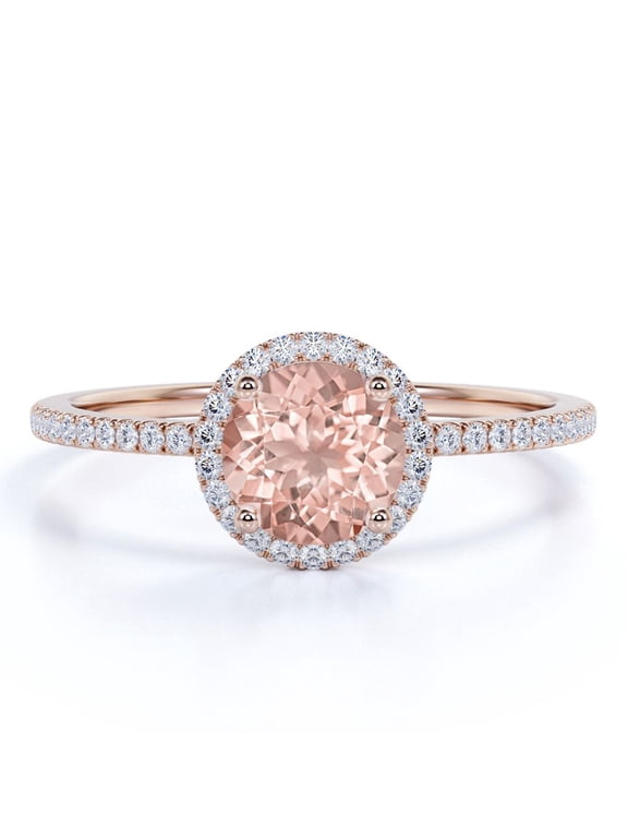 Art Deco 1.75 Carat Round Cut Lab Created morganite and Moissanite Engagement Ring in 18K Gold Over Sterling Silver