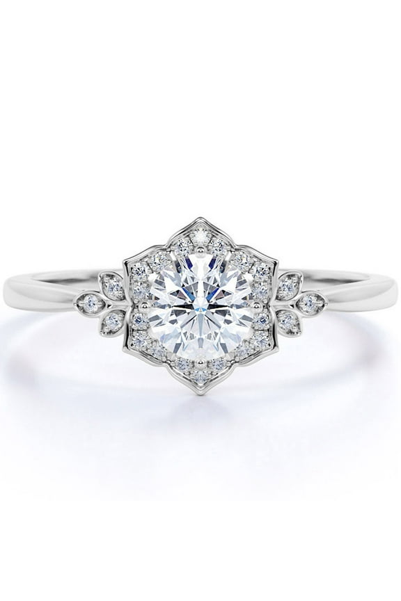 Art Deco 1.75 Carat Round Cut Moissanite Engagement Ring in 18k White Gold Over Silver Stunning Ring