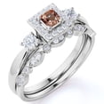 thumbnail image 1 of JeenMata Art Deco 1.75 ct Princess Cut Peach Pink created morganite - 3 Stone Ring & Scalloped Band - Vintage Wedding Set - 18K White Gold over Silver, 1 of 6