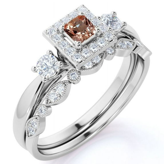 JeenMata Art Deco 1.75 ct Princess Cut Peach Pink created morganite - 3 Stone Ring & Scalloped Band - Vintage Wedding Set - 18K White Gold over Silver