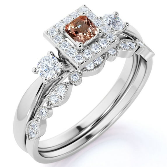 JeenMata Art Deco 1.75 ct Princess Cut Peach Pink created morganite - 3 Stone Ring & Scalloped Band - Vintage Wedding Set - 18K White Gold over Silver