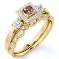 thumbnail image 1 of JeenMata Art Deco 1.75 ct Princess Cut Peach Pink created morganite - 3 Stone Ring & Scalloped Band - Vintage Wedding Set - 18K Yellow Gold over Silver, 1 of 6