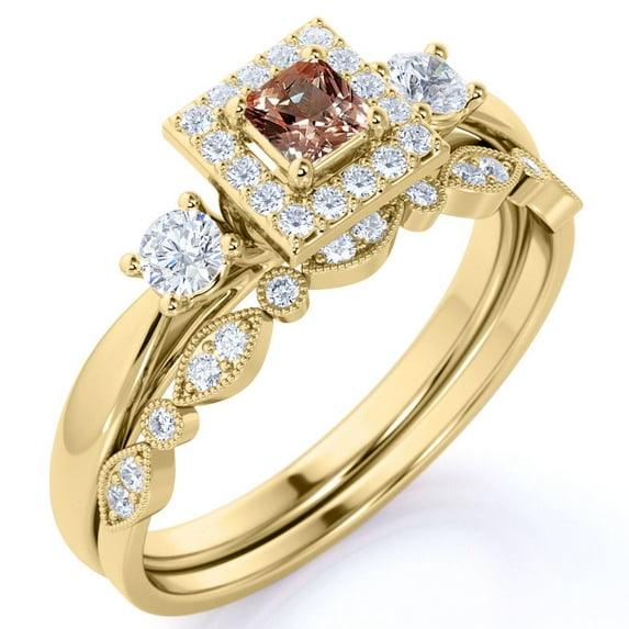 JeenMata Art Deco 1.75 ct Princess Cut Peach Pink created morganite - 3 Stone Ring & Scalloped Band - Vintage Wedding Set - 18K Yellow Gold over Silver