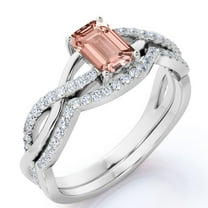JeenMata Art Deco 2 Carat Emerald cut created morganite and Moissanite Bridal Wedding Ring Set with Engagement Ring and Wedding Band in 18k Gold Over Silver