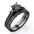 thumbnail image 1 of JeenMata Art Deco 3-Stone 0.65 TCW Princess Cut Black Rutilated Quartz and Lab Created Black Diamond Cathedral Pave-Channel Wedding Ring Set in 18K Black Gold Plating over Silver, 1 of 6