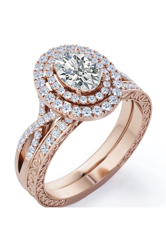 Art Deco Band 2.25 Carat Oval Cut Infinity Double Halo Style Bridal Ring Set in 18K Rose Gold Plating over Silver