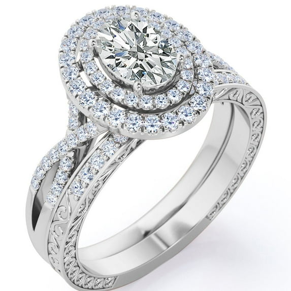 JeenMata Art Deco Band 2.25 Carat Oval Cut Infinity Double Halo Style Bridal Ring Set in 18K White Gold Plating over Silver