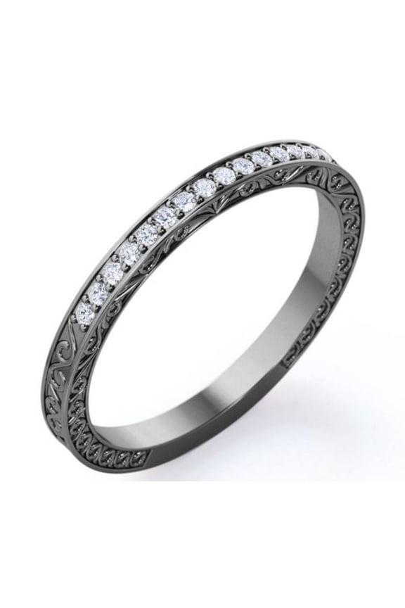 Art Deco Edwardian Design - 0.25 Carat Round Shape Moissanite - Wedding Band - 18K Black Gold Plating over Silver