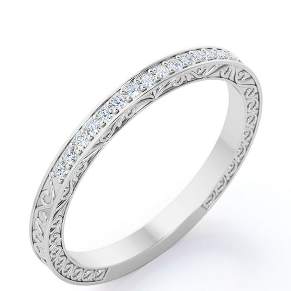 JeenMata Art Deco Edwardian Design - 0.25 Carat Round Shape Moissanite - Wedding Band - 18K White Gold Plating over Silver