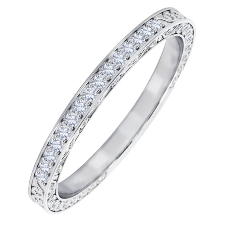 JeenMata Art Deco Edwardian Design - 0.25 Carat Round Shape Moissanite - Wedding Band - 18K White Gold Plating over Silver