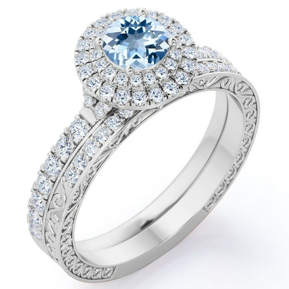 JeenMata Art Deco Filigree 1.75 Carat Round Brilliant Cut Seafoam Created Aquamarine and Moissanite Duo Halo Pave Bridal Ring Set in 18K White Gold Plating over Silver
