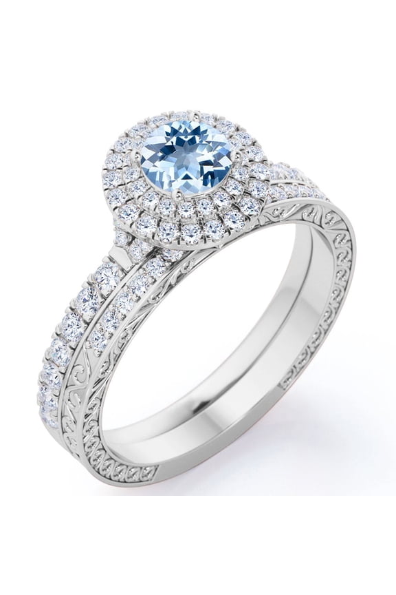 Art Deco Filigree 1.75 Carat Round Brilliant Cut Seafoam Created Aquamarine and Moissanite Duo Halo Pave Bridal Ring Set in 18K White Gold Plating over Silver