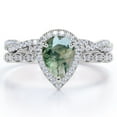 thumbnail image 1 of JeenMata Art Deco Filigree Milgrain - 1.5 Carat Almond Shaped Druzy Scenic Moss Green Agate and Moissanite - Halo Pave Crossover Wedding Set - 18K White Gold Plating over Silver, 1 of 7