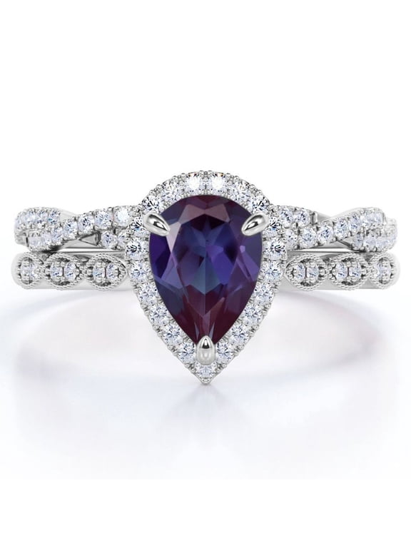 Art Deco Filigree Milgrain - 1.5 Carat Almond Shaped Lab Created Alexandrite and Moissanite - Halo Pave Crossover Wedding Set - 18K White Gold Plating over Silver