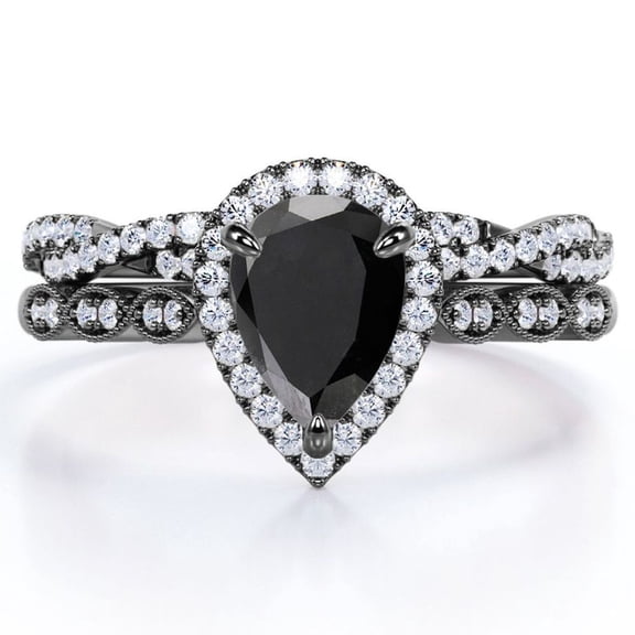 JeenMata Art Deco Filigree Milgrain - 1.5 Carat Almond Shaped Lab Created Black Diamond and Moissanite - Halo Pave Crossover Wedding Set - 18K Black Gold Plating over Silver