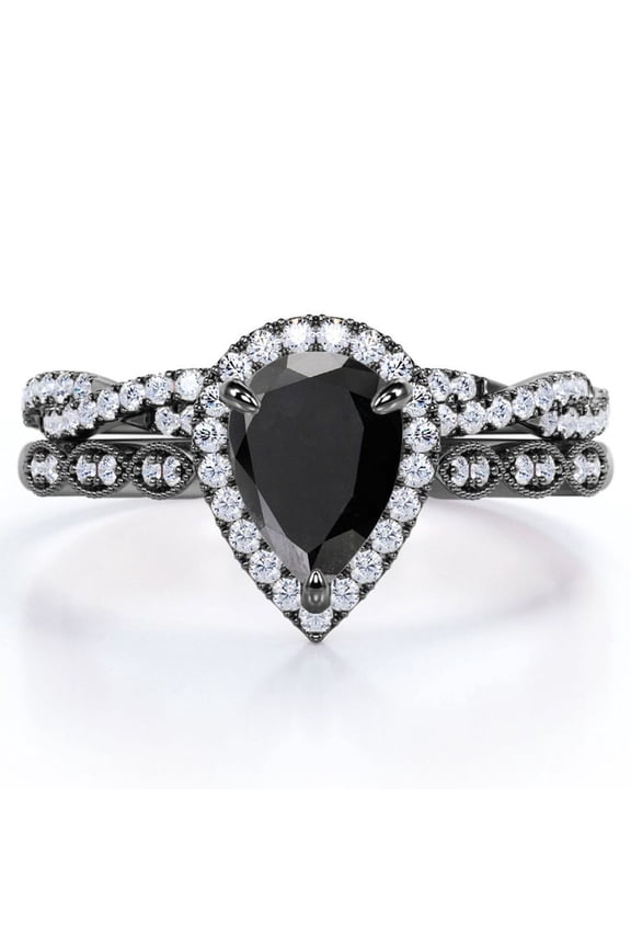 Art Deco Filigree Milgrain - 1.5 Carat Almond Shaped Lab Created Black Diamond and Moissanite - Halo Pave Crossover Wedding Set - 18K Black Gold Plating over Silver