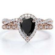 JEENMATA Art Deco Filigree Milgrain - 1.5 Carat Almond Shaped Lab Created Black Diamond and Moissanite - Halo Pave Crossover Wedding Set - 18K Rose Gold Plating over Silver